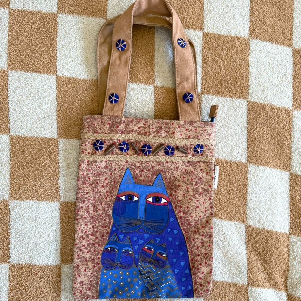 LAUREL BURCH ABSTRACT ADJUSTABLE BROWN BLUE BAG PURSE CAT